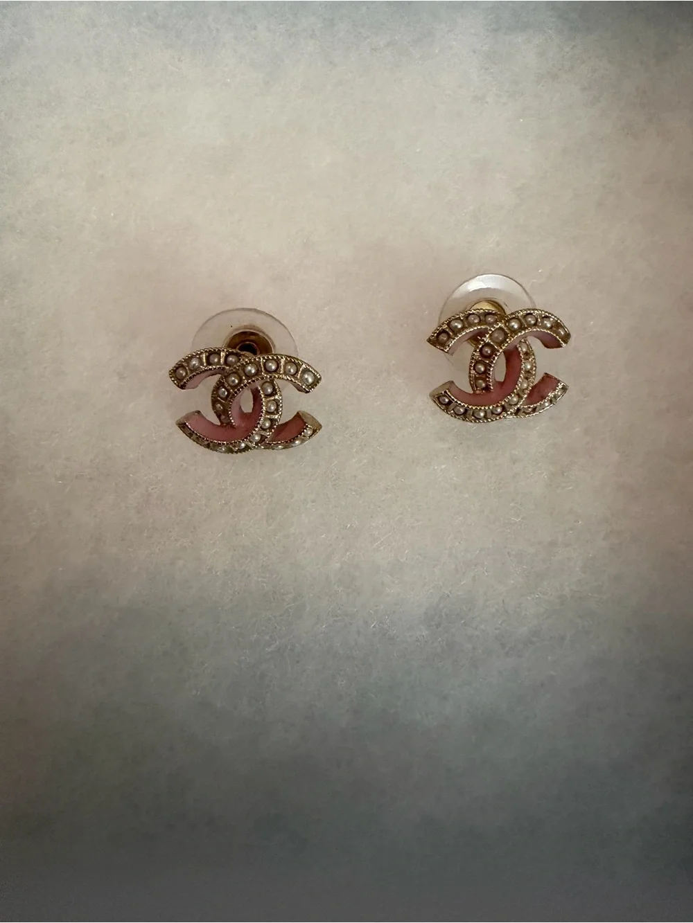 Chanel Pink Enamel Double C Stud Earrings with Pearl Accents